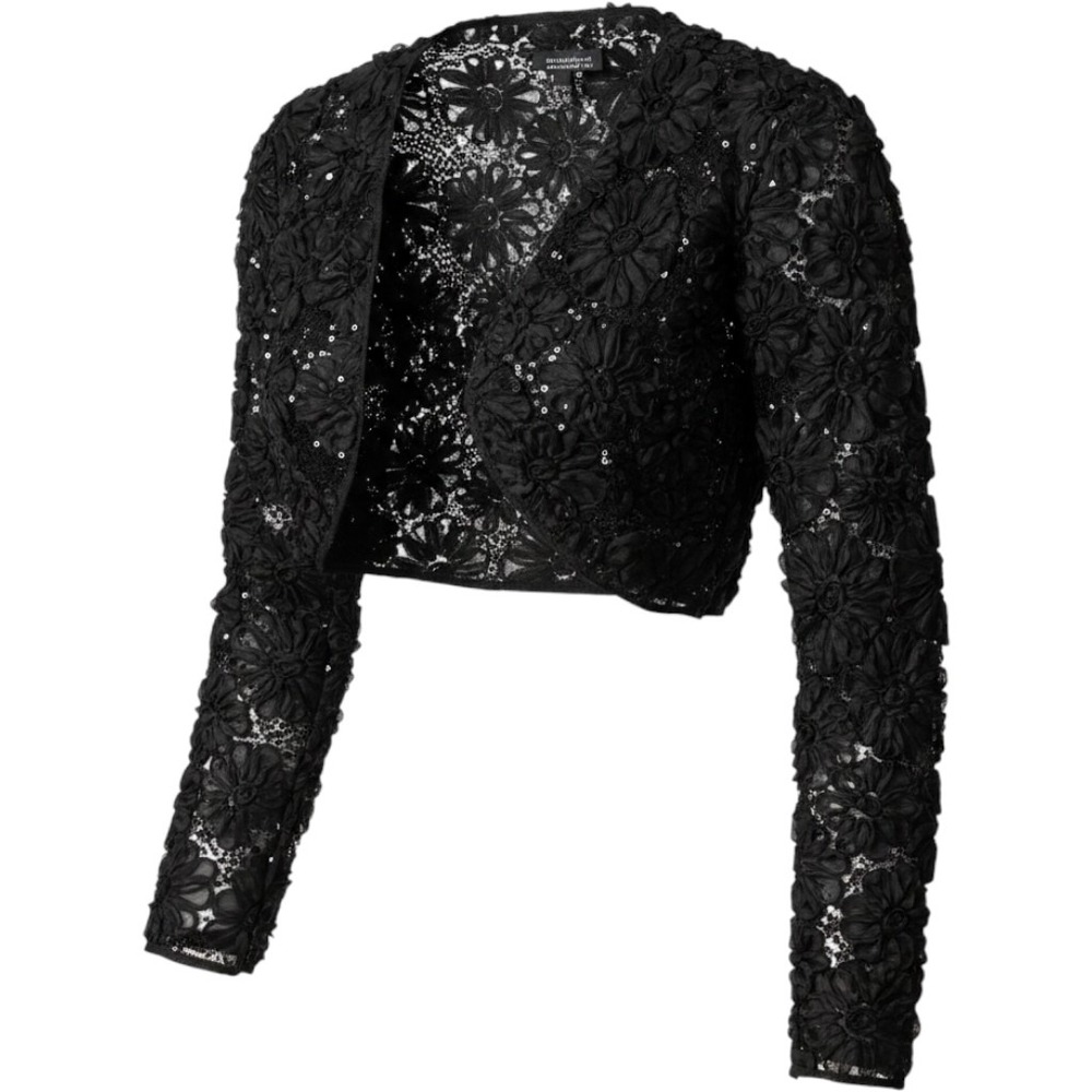 Adrianna Papell Evening Essentials Black Floral Rosette Sequin Bolero Shrug L
